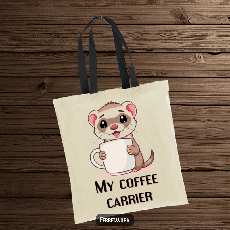 Funny ferret tote bag with an energized ferret holding a comically large coffee mug, great for errands.