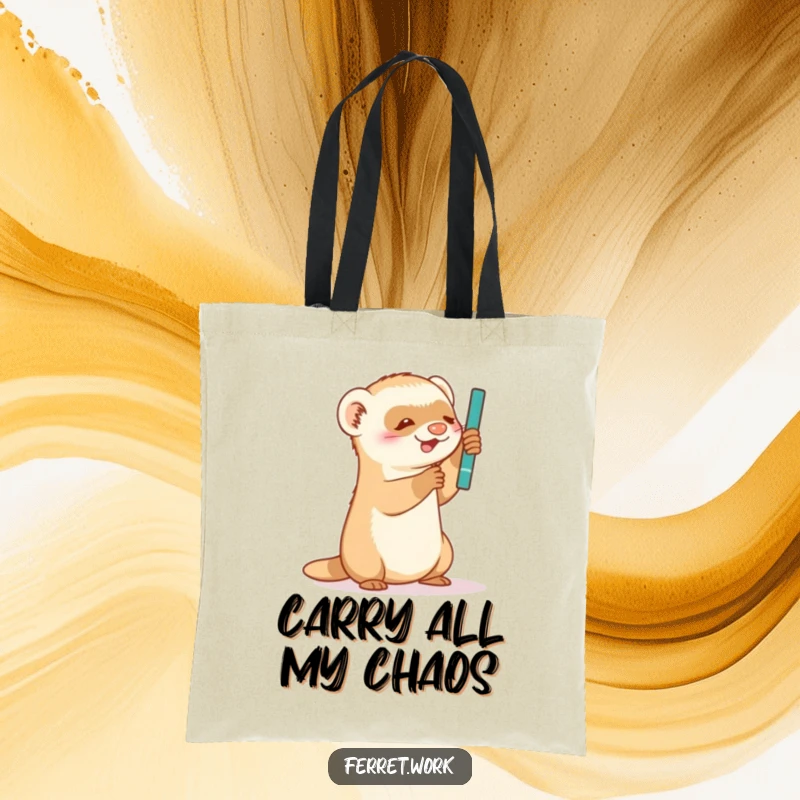 Funny Tote Bag: Featuring a ferret gleefully batting at a pen, illustrating a moment of pure, unadulterated fun.