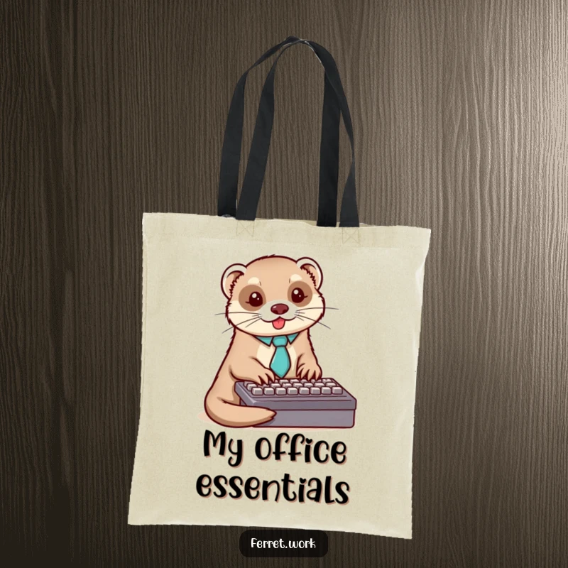 Funny ferret tote bag with a stylish ferret wearing a tie and typing on a keyboard, great for work.