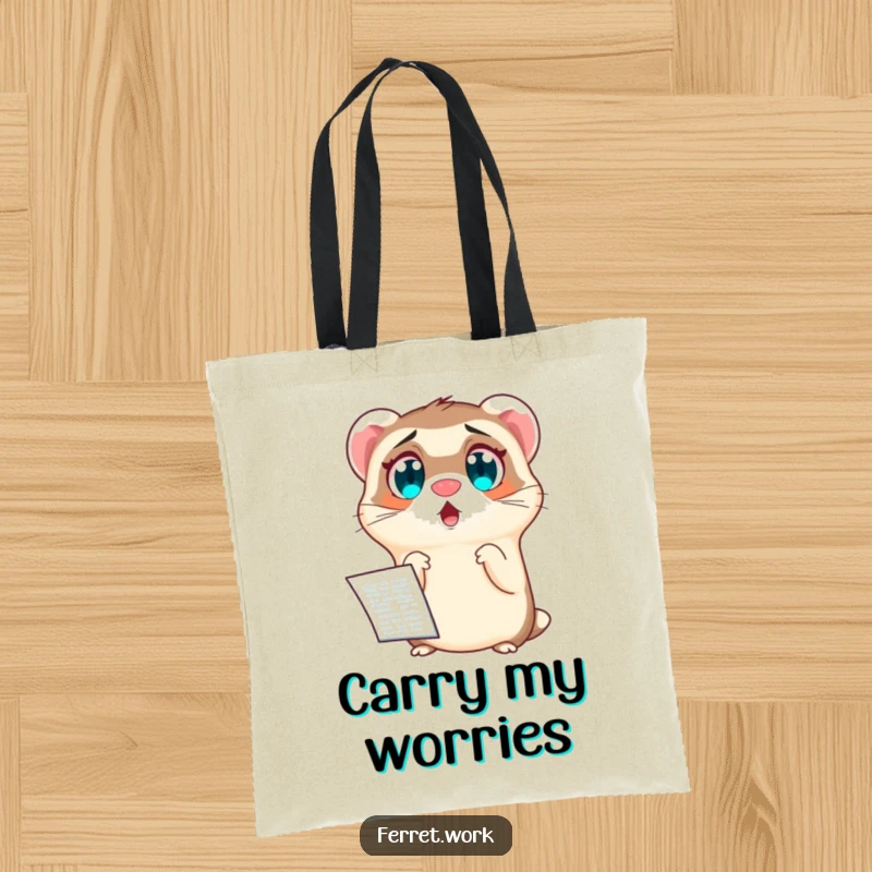 Funny tote bag with a ferret displaying exaggerated wide eyes, shocked by the sight of a detailed spreadsheet. Work accessory.