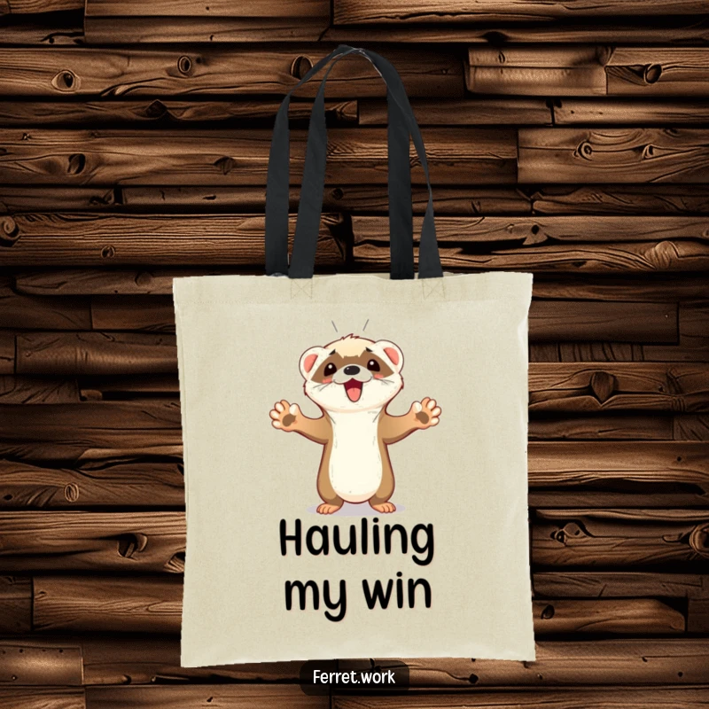 Funny Ferret Tote Bag showcasing a jubilant ferret with paws airborne, celebrating a goal with an implied squeak, perfect for shoppers.