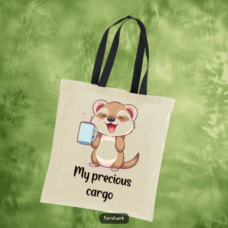 Funny tote bag with a little ferret joyfully holding up a coffee mug, ideal for carrying daily essentials.