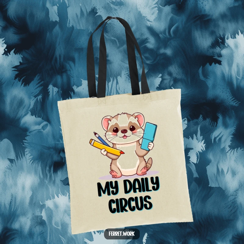 Funny kawaii office ferret juggling colorful office supplies with its paws, showcased on a durable tote bag.