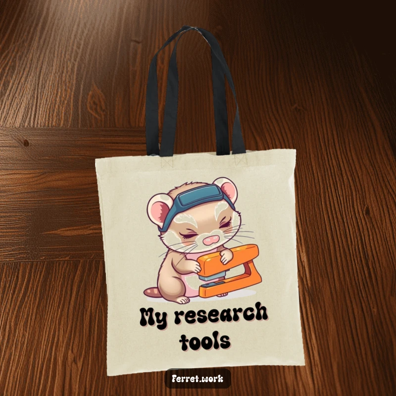 A ferret wearing a headlamp curiously sniffing a stapler, on a stylish and functional tote bag.