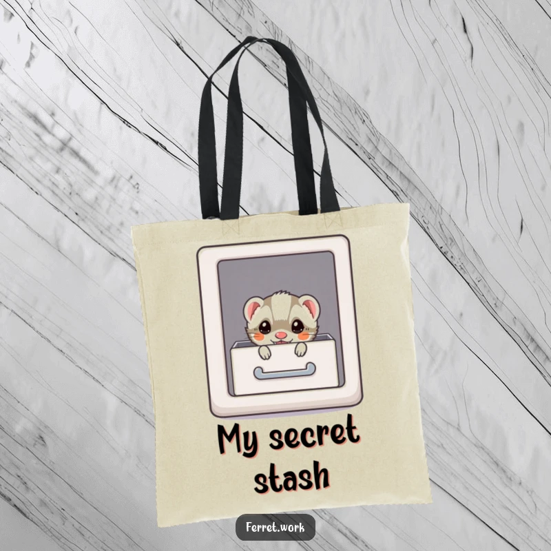 Funny kawaii office ferret hiding in a file drawer, a discreetly humorous tote bag.